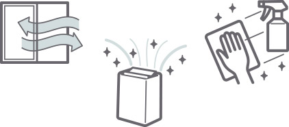 換気、空気清浄機、アルコール洗浄